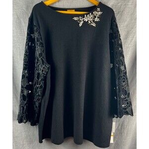 Ruby Rd Sweater Plus Size 3X Black Jewel Detail Cutout Floral Sleeves Dressy NWT